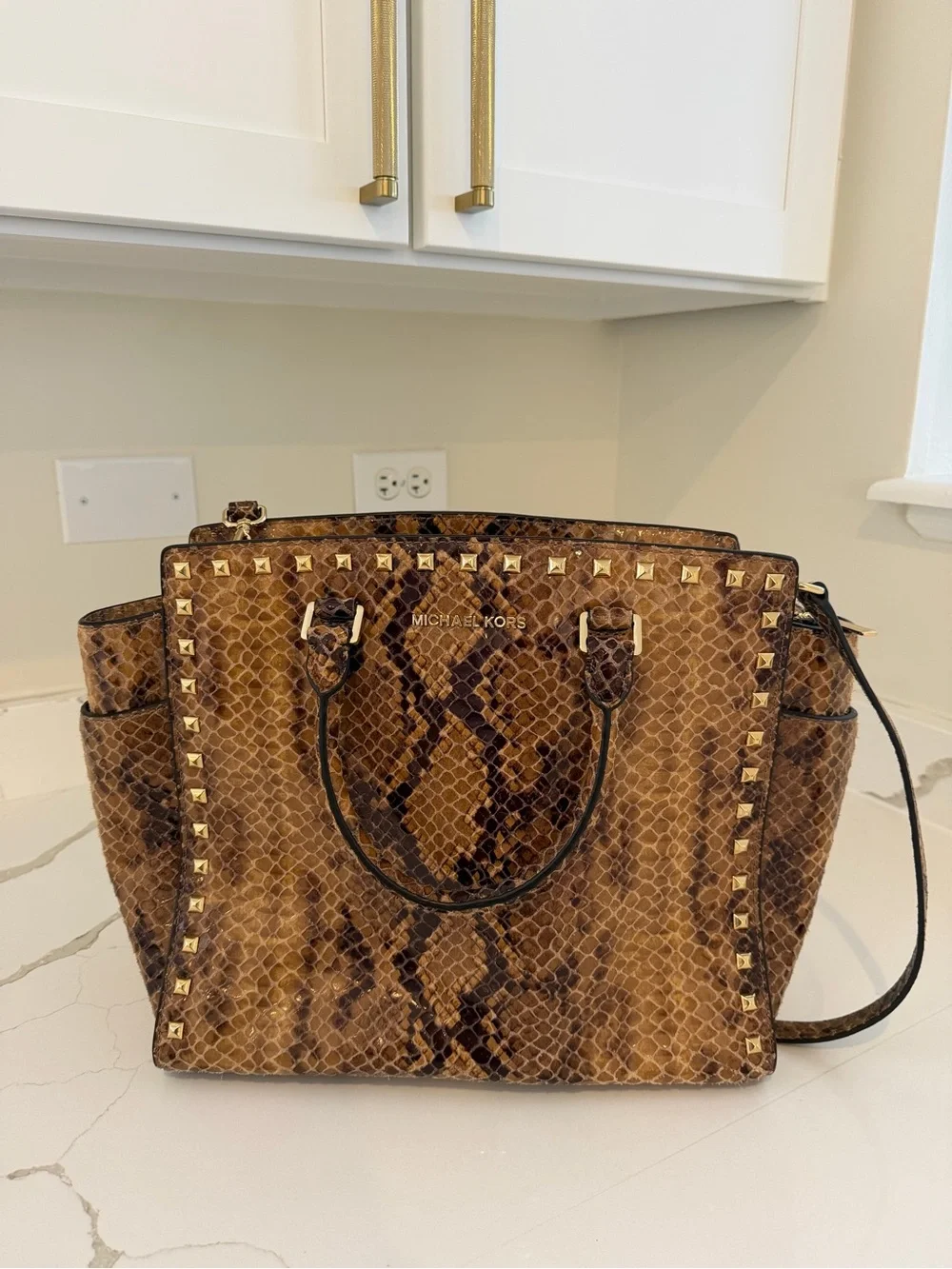 Michael Kors Brown Snake-Embossed Studded Satchel Crossbody Handbag